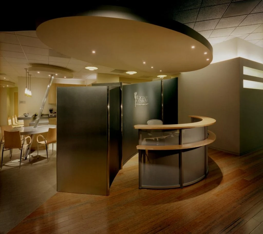 Curved reception desk at the Orange training center.