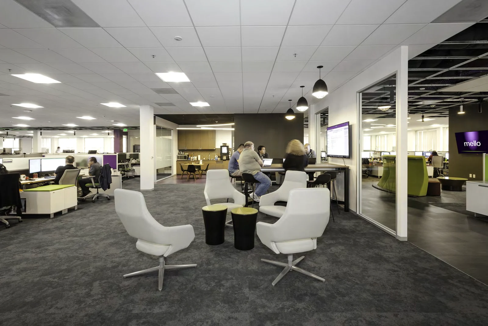 Shared lounge with upholstered seating.