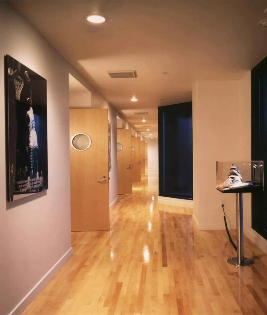 Interior corridor with display panels at Nike.