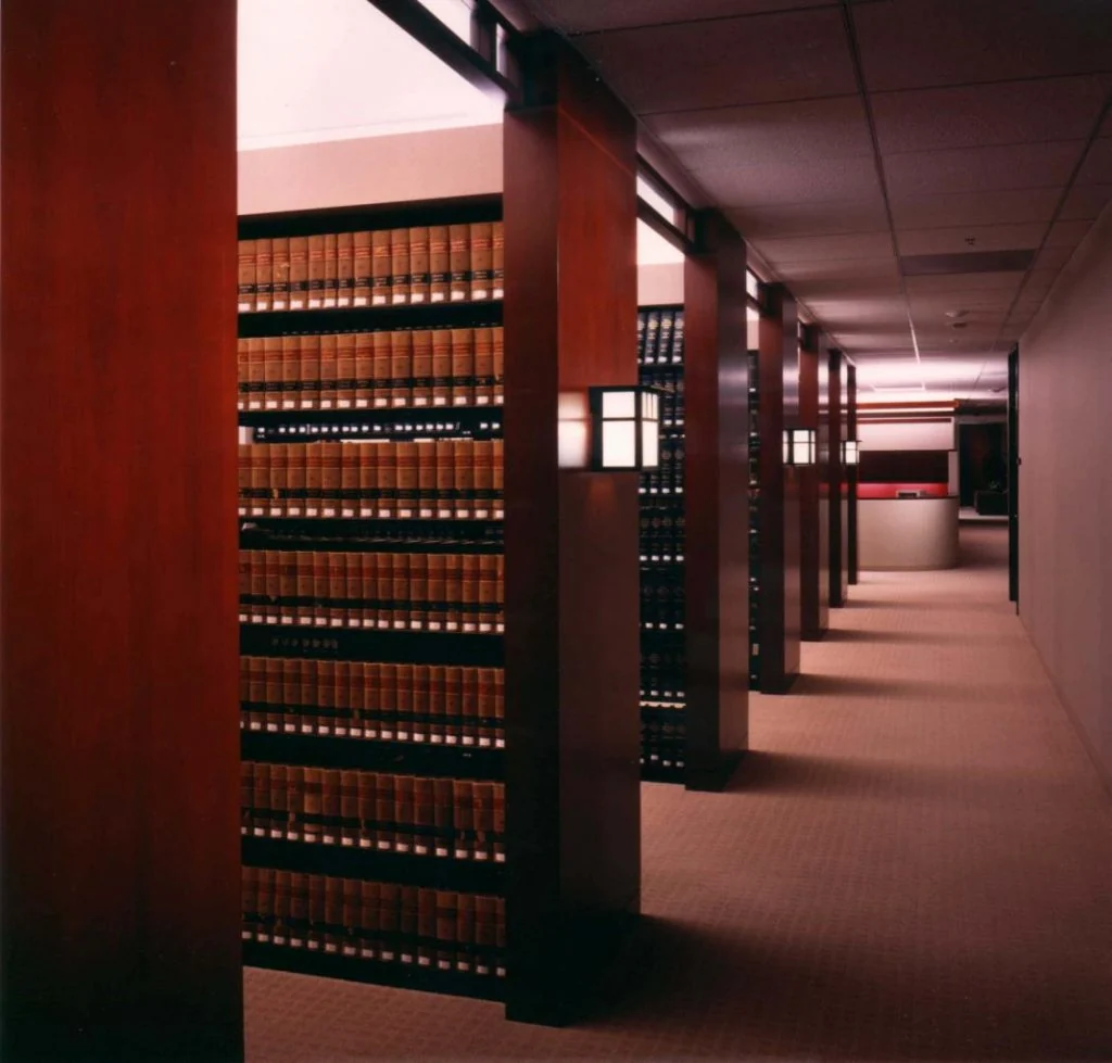 Law-library shelving and interior corridor.